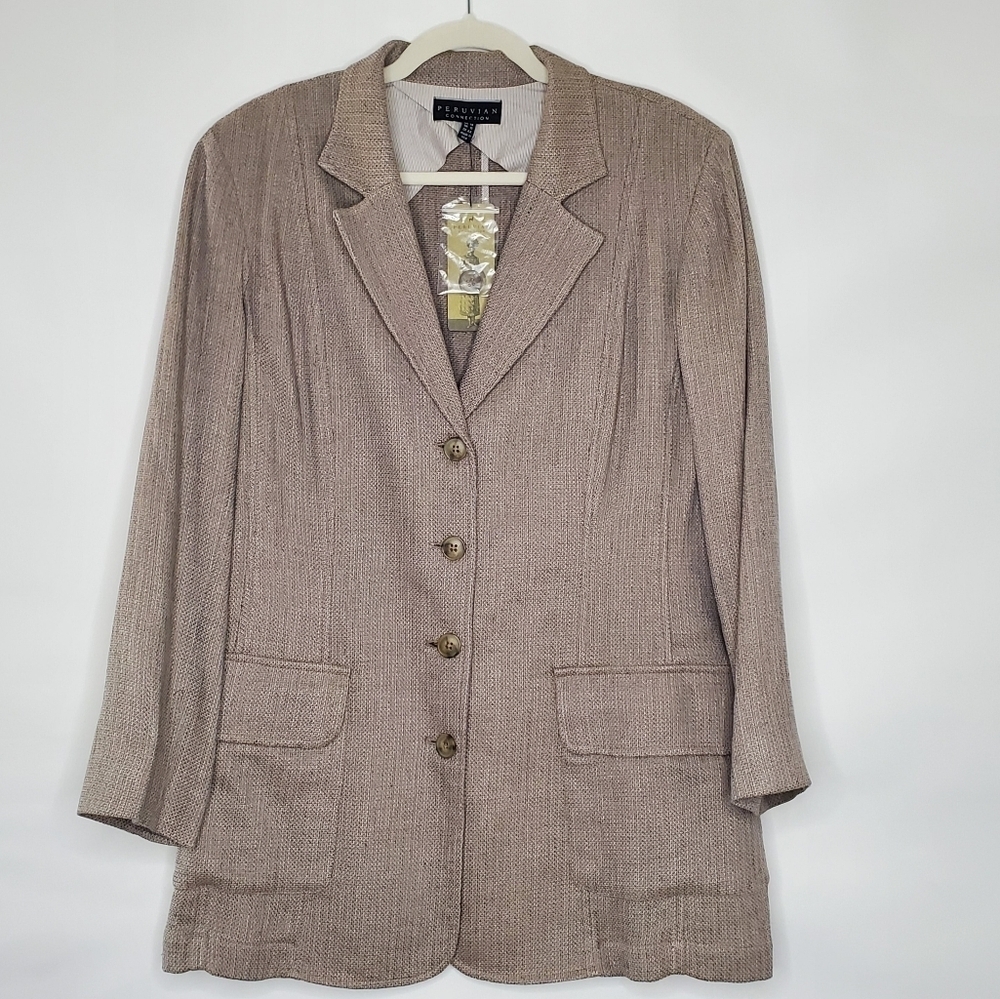 Peruvian Connection Linen Blend Blazer Size 14 Old Money Sandstone Jacket NEW